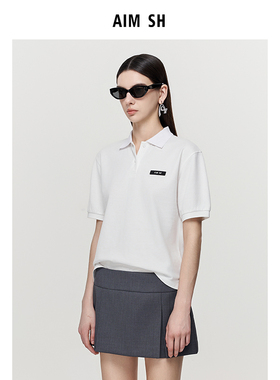 AIM SH 女士 简约白色polo短袖T恤
