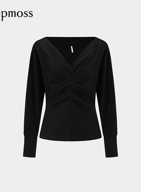 【deepmoss】2025秋冬新款女士设计感时尚雾黑色V领收腰褶涧上衣