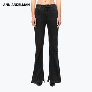 ANN ANDELMAN黑色修身休闲长裤子显瘦开叉微喇叭牛仔裤女