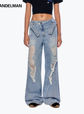 ANN ANDELMAN蓝色修身设计感阔腿微喇裤翻腰头破洞牛仔裤
