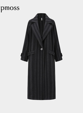 【deepmoss】2025秋冬新款女士黑灰条纹翻领长款纯绵羊毛大衣