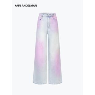 ANN ANDELMAN阔腿牛仔裤女秋冬粉色马骝渐变晕染烫钻直筒休闲裤子