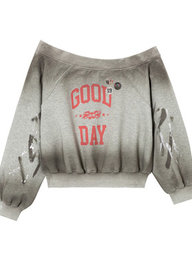 【李奕臻同款】SOFITTE 25AW复古做旧印花一字肩宽松短款长袖卫衣