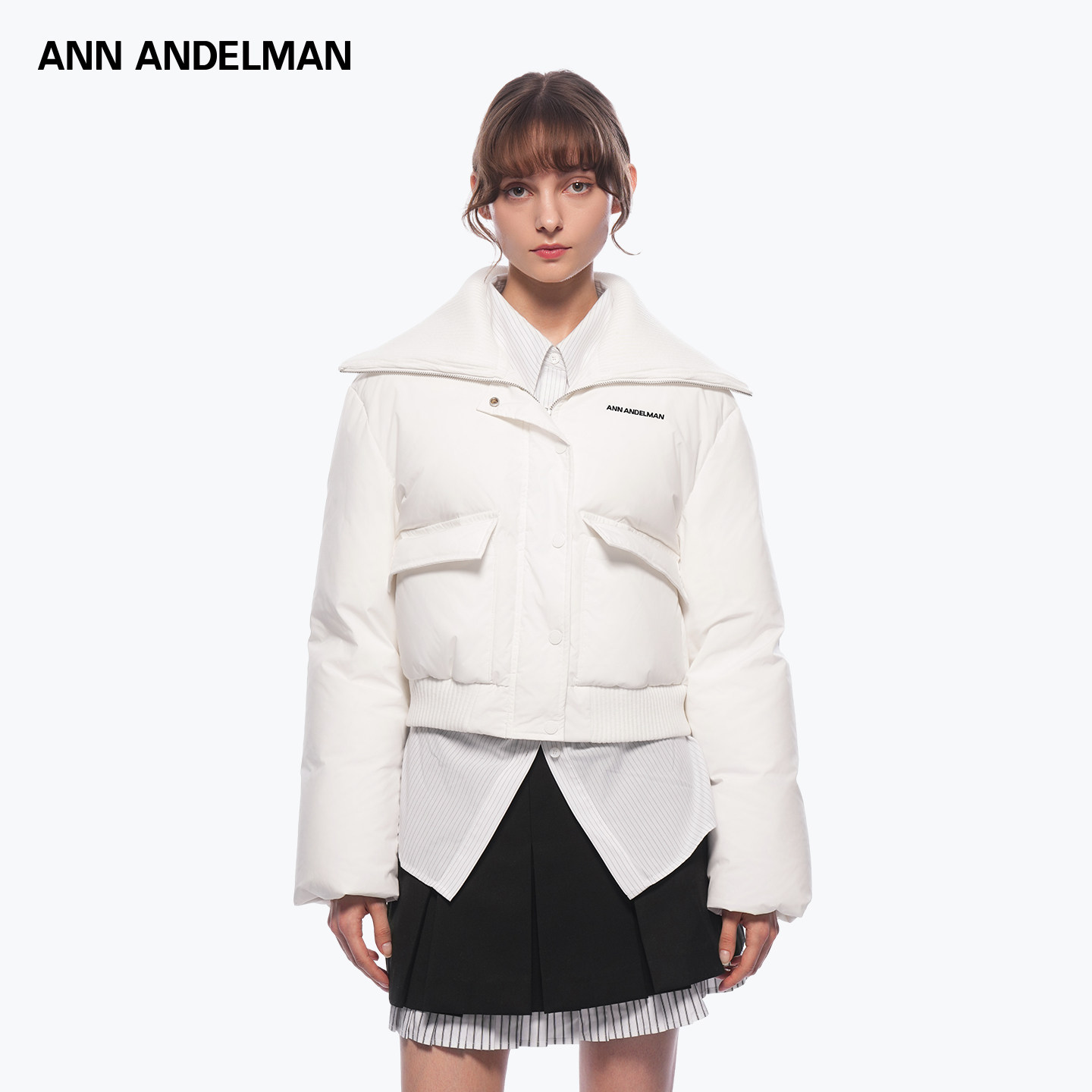 ANN ANDELMAN白色短款羽绒服女冬季毛织翻领收腰轻薄内胆保暖外套