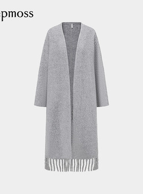 【deepmoss】2025秋冬新款女士霜灰色V领羊毛混纺流苏长大衣