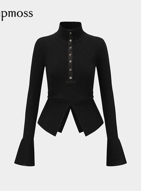 【deepmoss】女士阑夜黑亮丝半高领收腰纽扣饰羊毛混纺上衣