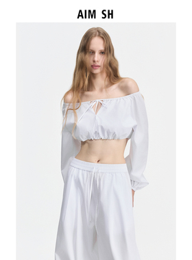 【新品】AIM SH 女士 白色系带露腰一字肩上衣抹胸外穿