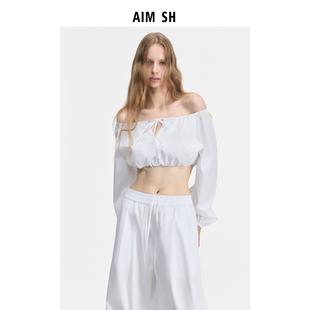 女士 AIM 白色系带露腰一字肩上衣抹胸外穿 新品