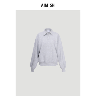 新品 秋季 AIM 女士爱心刺绣polo运动衫 落肩套头卫衣