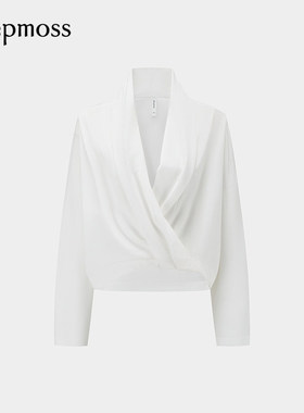 【deepmoss】2025秋冬新款女士时尚V领交叠前襟短衬衫长袖衬衫