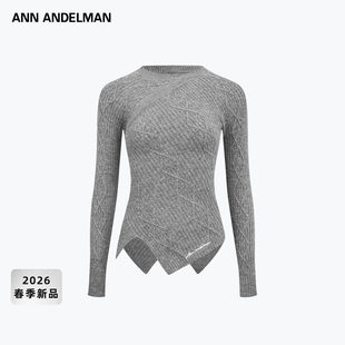 ANN ANDELMAN26春季新款插肩袖针织衫不规则下摆别致菱形绞花毛衫