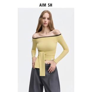 新品 长袖 AIM 撞色一字肩腰部打结修身 上衣 SH女士