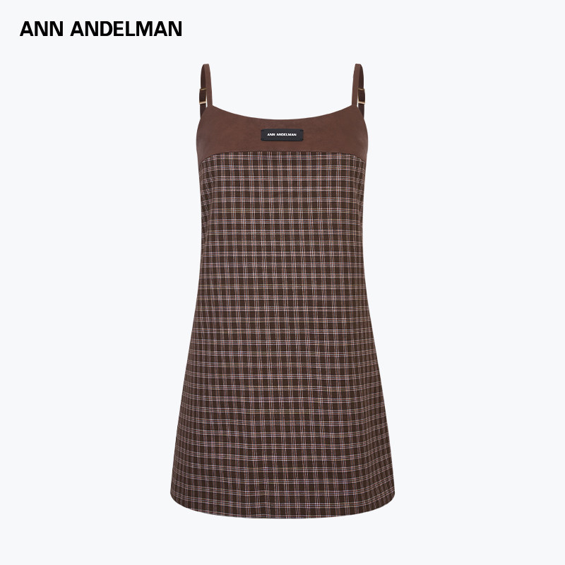 ANN ANDELMAN拼皮复古辣妹吊带连衣裙女无袖收腰格子短裙