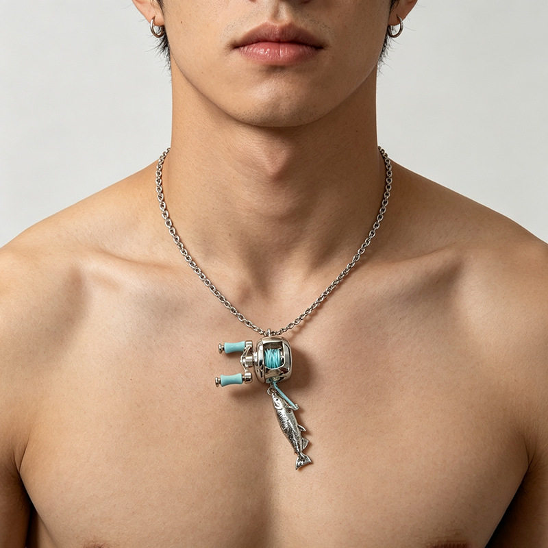 跨境独立站爆品Mini fishing reel necklace迷你鱼线轮吊坠项链男图片