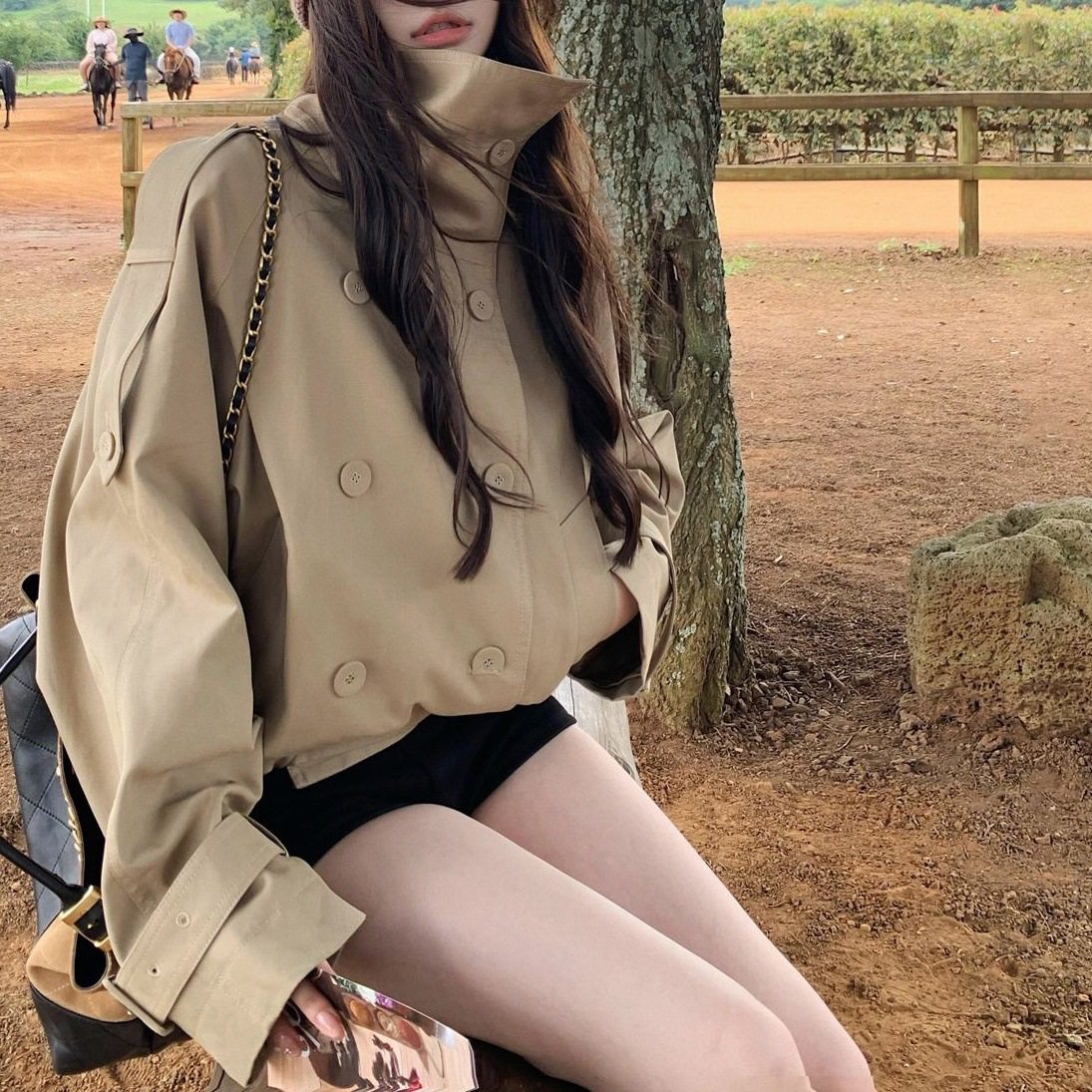 2026英伦风立领短款风衣女装秋季法式复古双排扣宽松休闲外套上衣,女装/女士精品,风衣,淘宝优惠券,粉丝福利购,淘宝优惠卷