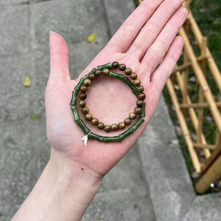 抖音货源国风绿檀双圈手串岫竹节上岸手链新中式叠戴民族风手链