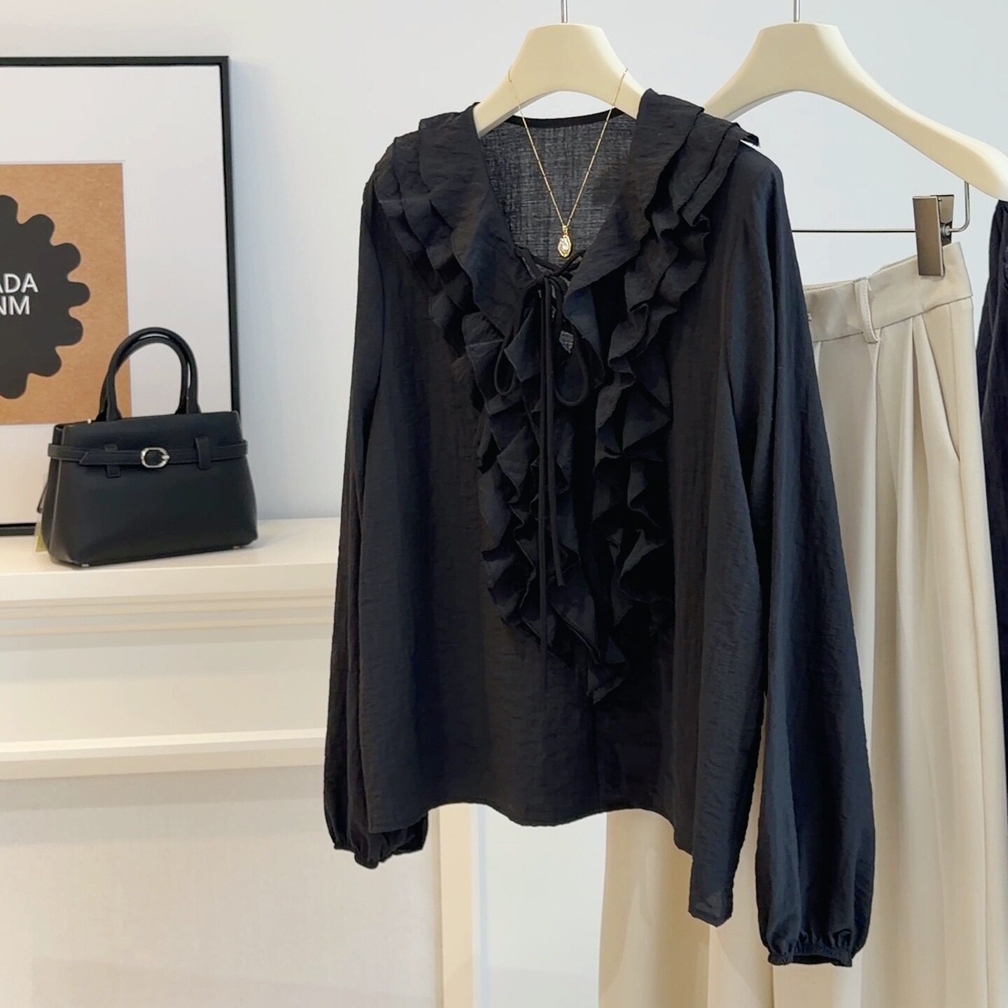 法式荷叶边v领雪纺长袖衬衫女夏新款高级感系带宽松显瘦棉麻上衣