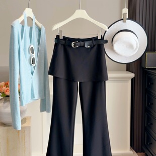 高腰弹力假两件屁帘休闲西装 女春新款 垂坠显瘦百搭马蹄长裤 微喇裤