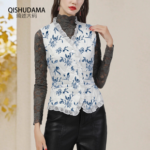 印花木耳边羽绒服马甲外套女修身保暖白鸭绒打底马夹外套2025秋冬