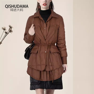 羽绒服女中长款外套设计感时尚白鸭绒夹克衫收腰系带时尚2025冬季