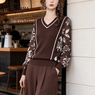 欧洲站2026春假两件咖色毛衣拼接雪纺衫上衣女宽松休闲遮肉打底衫