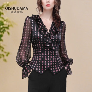 可定制2026春法式荷叶边波点雪纺衫上衣泡泡袖打底衫V领衬衫小衫