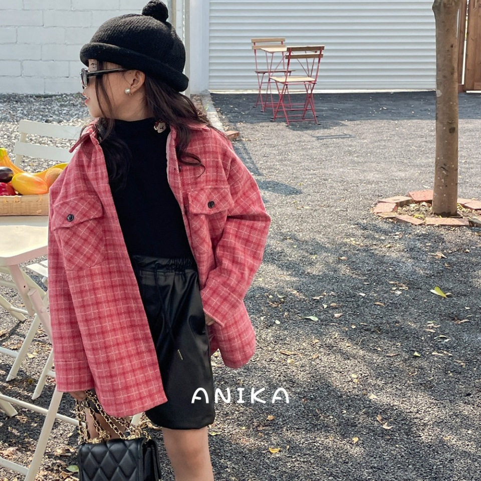 ANIKA阿尼卡品牌 冬中性款中大童毛呢夹棉格子衬衣外套可亲子
