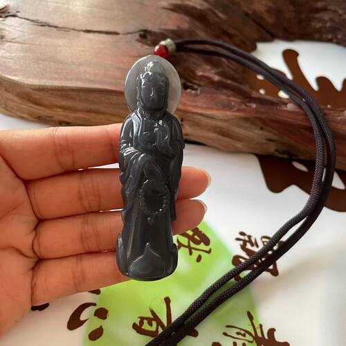 和田玉立体观音挂件吊坠项链天然玉石烟紫色