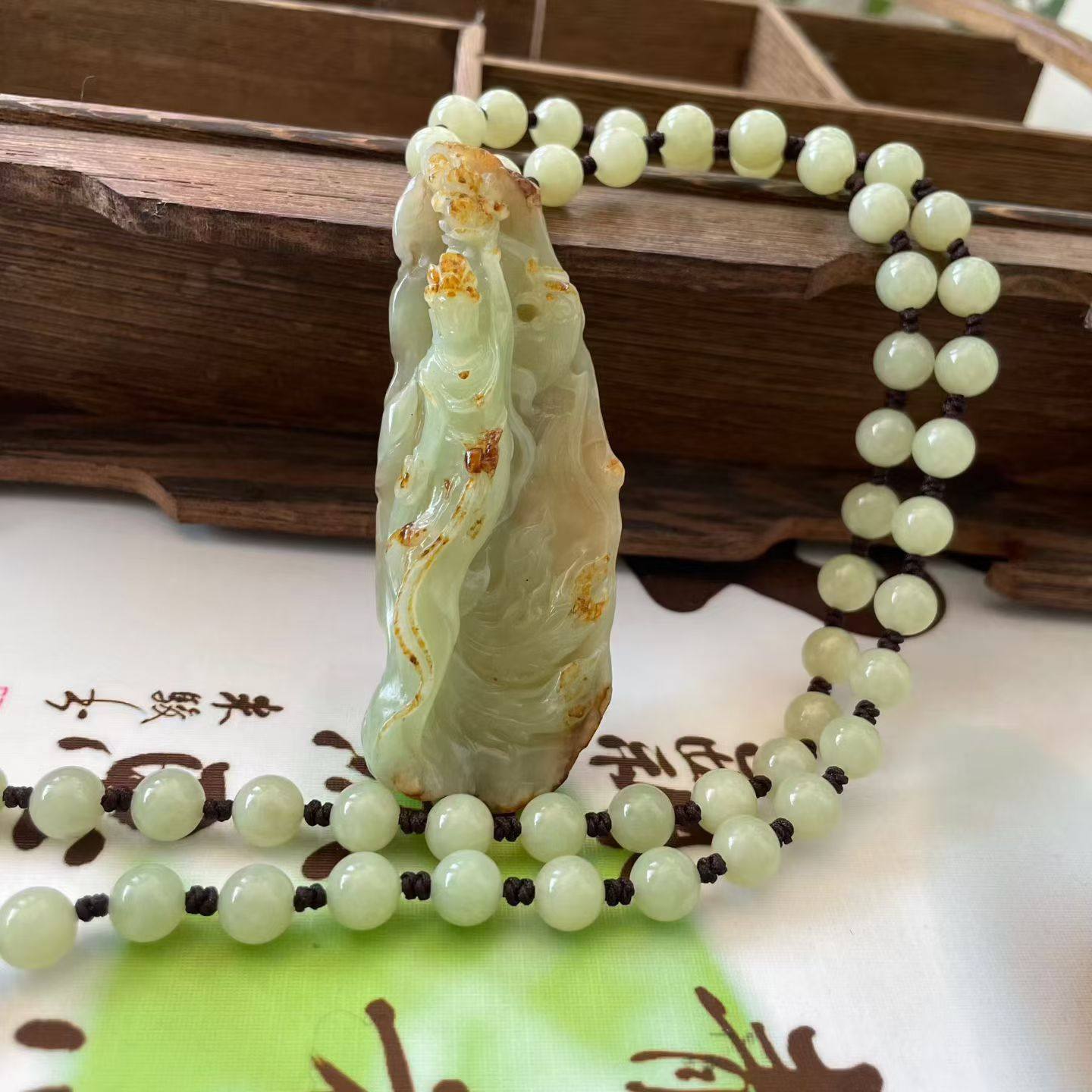 河磨玉飞天挂件吊坠项链天然玉石手工雕刻美女洒金皮