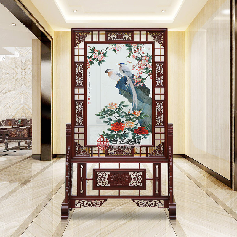 古艺苏绣红木屏风牡丹寿带图礼品