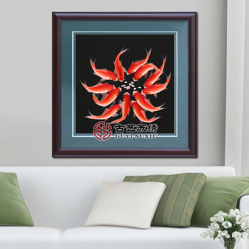 古艺苏绣精品十二红鱼年年有余餐厅别墅会所手工刺绣画商务礼品