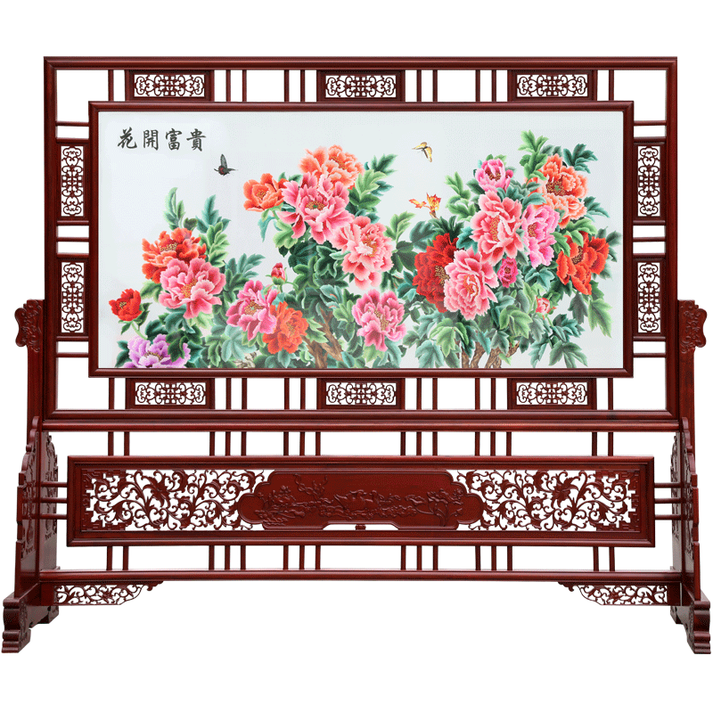 古艺苏绣双面绣屏风牡丹花开富贵