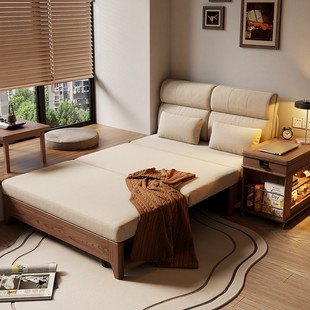实木沙发床折叠两用2025新款书房小户型可推拉伸缩两用一体实木床