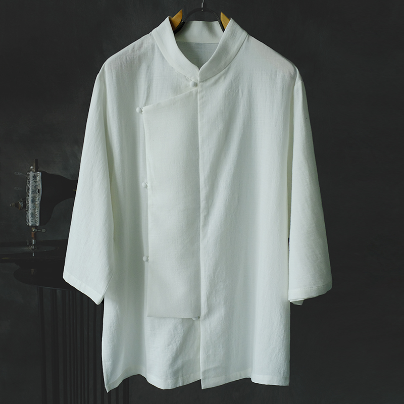夏季男士中国风衬衫休闲斜襟立领短袖汉服七分袖薄款改良宽松T恤