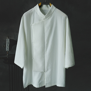 夏季男士中国风衬衫休闲斜襟立领短袖汉服七分袖薄款改良宽松T恤