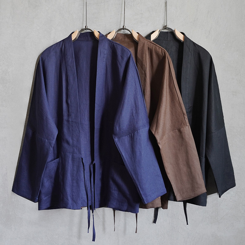 春秋亚麻男士休闲薄汉服罩衫文艺复古潮流道袍青年日式宽松开衫