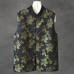 背心坎肩 风立领花卉印花马甲复古中国风无袖 秋冬男士 加绒新中式