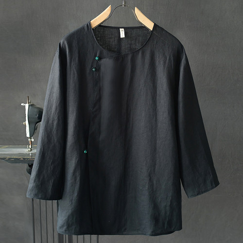 斜襟春夏26款亚麻男宽松轻薄衫