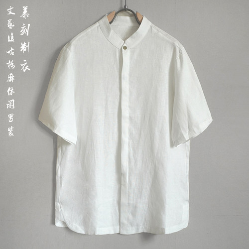 夏季亚麻薄款休闲短袖立领