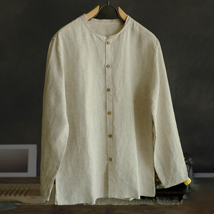 衬衫 休闲亚麻长袖 青年潮流文艺复古纯色水洗薄衬衣 男士 春夏新款