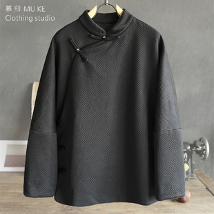 春秋男士休闲中式复古立领斜襟提花汉服外套青年潮流文艺上衣