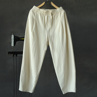 青年潮流纯色中腰哈伦裤 棉麻复古宽松阔腿休闲长裤 男式 春夏新款
