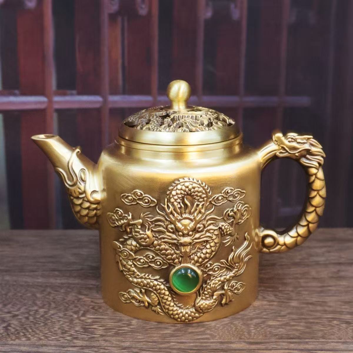 黄铜宝石龙凤茶壶可旋转盖家用供奉壶婚庆入宅送礼铜工艺茶桌摆件