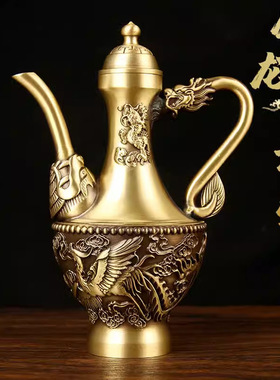 黄铜摆件龙凤酒壶桌面创意家居酒柜酒宴百福高酒壶纯铜工艺品