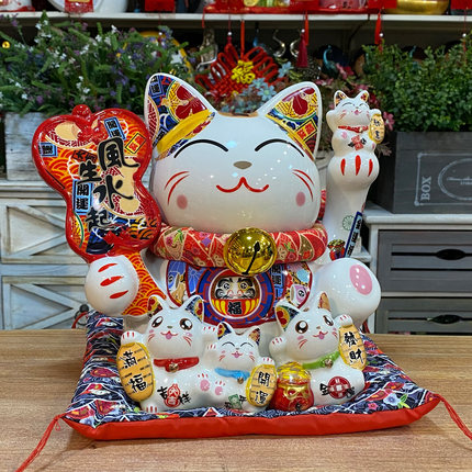 风生水起睁眼招财猫摆件举右手陶瓷大号开业创意礼物家居装饰摆设