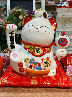 金石工坊千客万来招财猫中号摇右手陶瓷客厅收银台旺财摆件发财猫