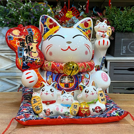 风生水起睁眼招财猫摆件举右手陶瓷大号开业创意礼物家居装饰摆设