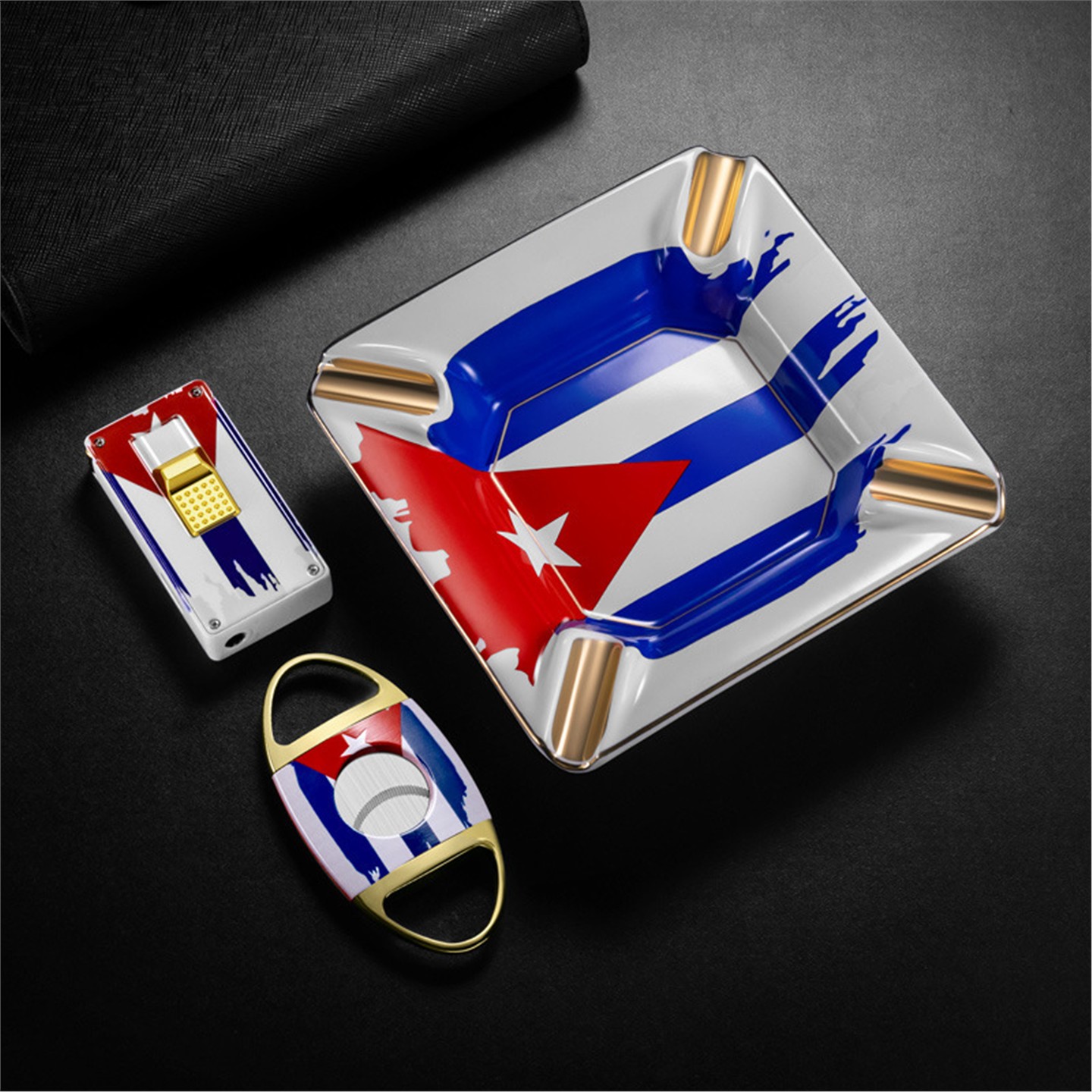 高档古巴雪茄烟具套装古巴旗雪茄烟灰缸雪茄剪打火机三件套礼盒装