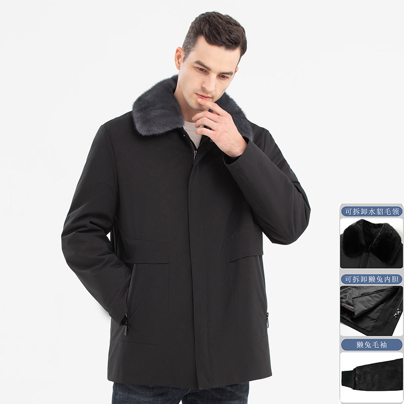 爸爸冬季水貂毛领可拆卸獭兔皮毛一体加绒加厚中老年男士保暖外套