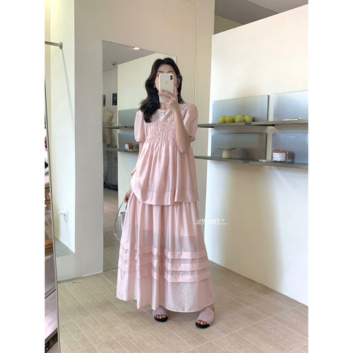 【RS.WHMT】韩系减龄褶皱天丝小衫+松紧腰半身裙套装  XL8859#  L